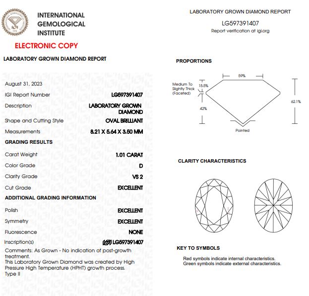 Loose 1.01 Carats Oval Brilliant Lab-Grown Diamond IGI Graded D VS2