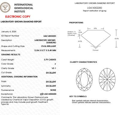 Loose 3.79 Carats Oval Brilliant Lab-Grown Diamond, IGI Graded F VS1