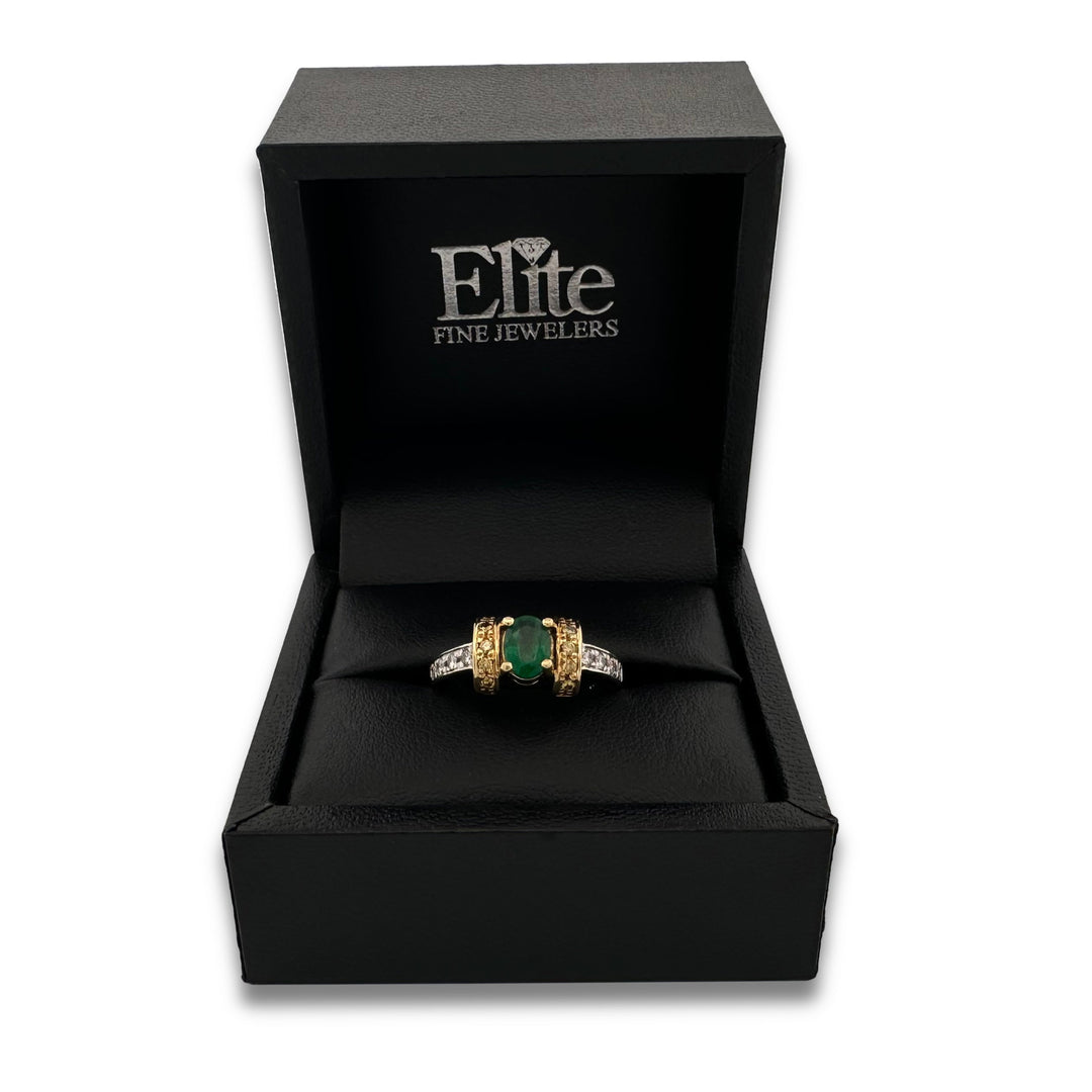 Oval Emerald with Colorless, Yellow and Black Diamonds Cocktail Ring in 18k Two-tone Gold