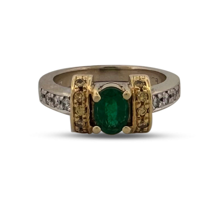 Oval Emerald with Colorless, Yellow and Black Diamonds Cocktail Ring in 18k Two-tone Gold