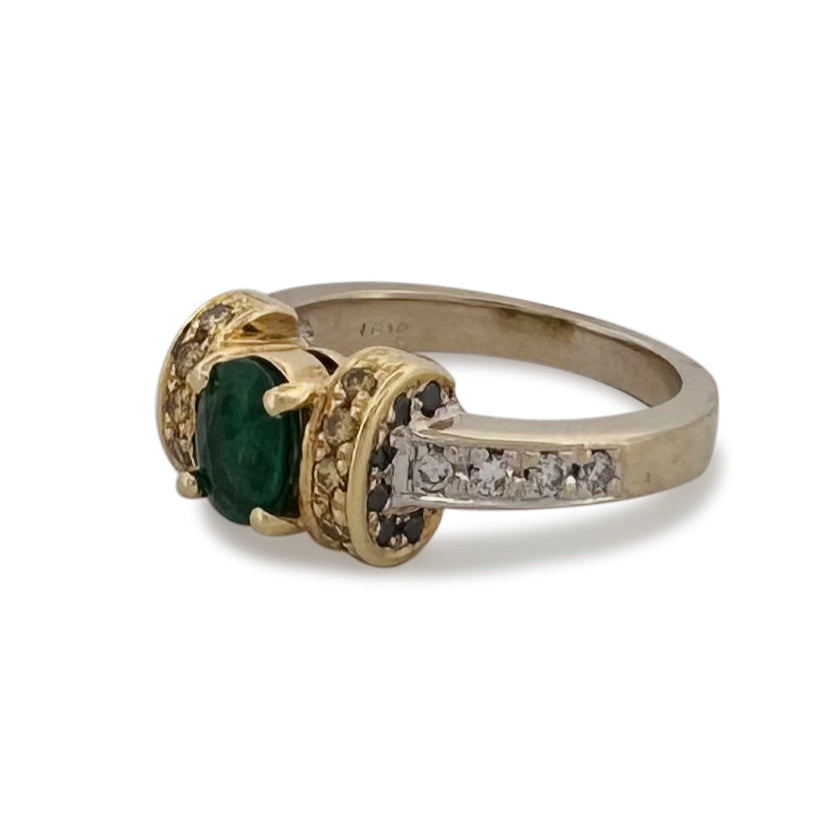 Oval Emerald with Colorless, Yellow and Black Diamonds Cocktail Ring in 18k Two-tone Gold