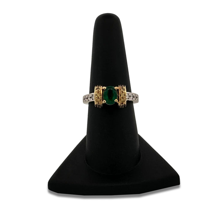 Oval Emerald with Colorless, Yellow and Black Diamonds Cocktail Ring in 18k Two-tone Gold