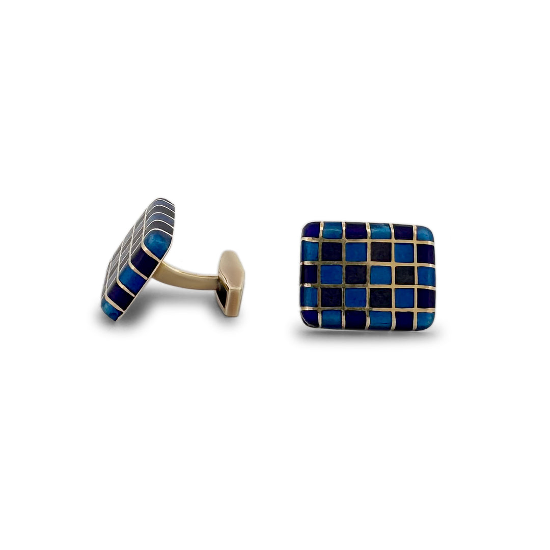 Blue & Purple Enameled Grid Cufflinks in 14k Yellow Gold