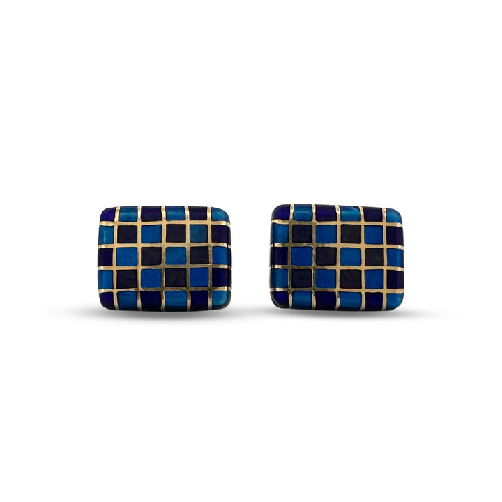 Blue & Purple Enameled Grid Cufflinks in 14k Yellow Gold