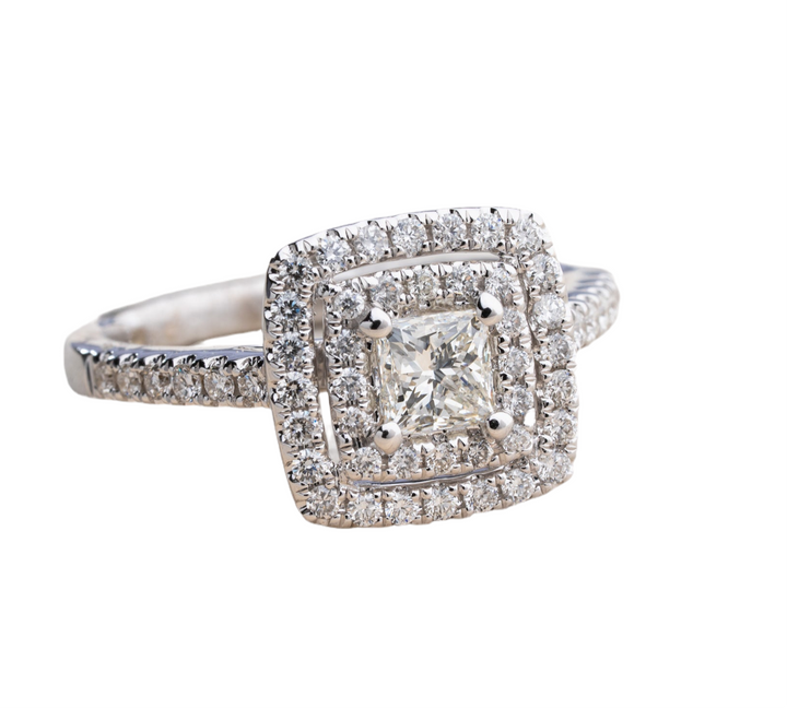 Princess Cut Diamond Double Halo Engagement Ring in 14k White Gold