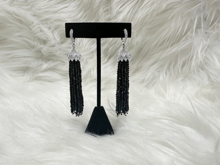 0.75ctw Diamond Capped Onyx Tassel Earrings in 14 Karat White Gold