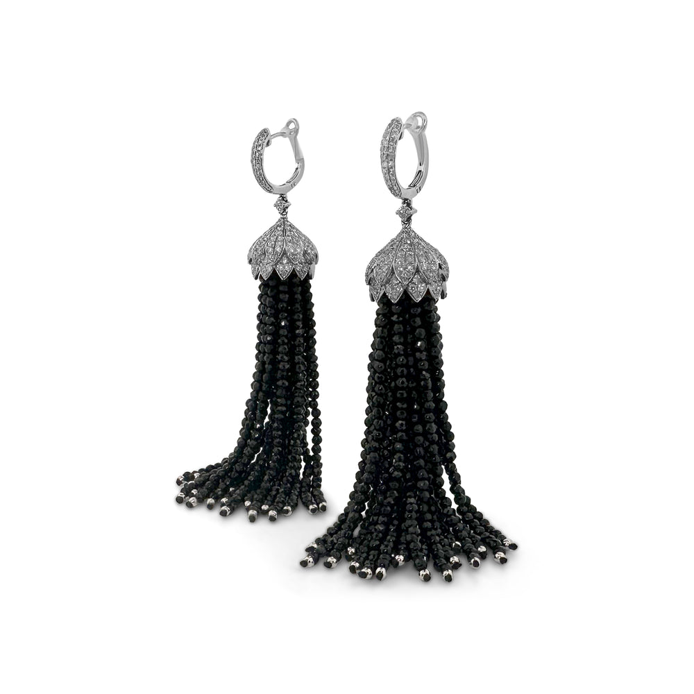 0.75ctw Diamond Capped Onyx Tassel Earrings in 14 Karat White Gold