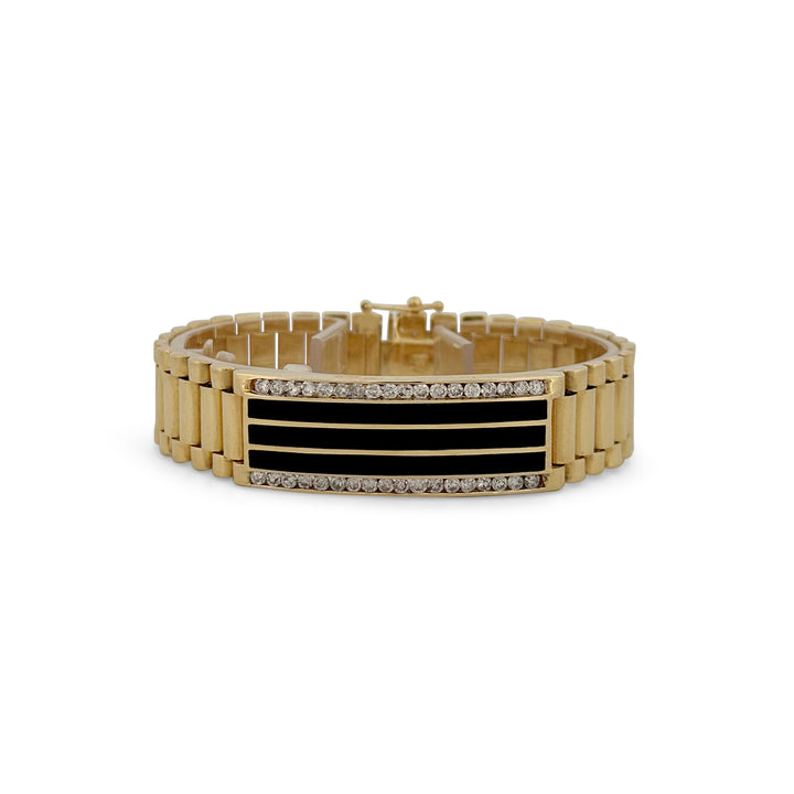 1.80ctw Round Brilliant Diamond & Onyx Inlay Men's Bracelet in 14k Yellow Gold