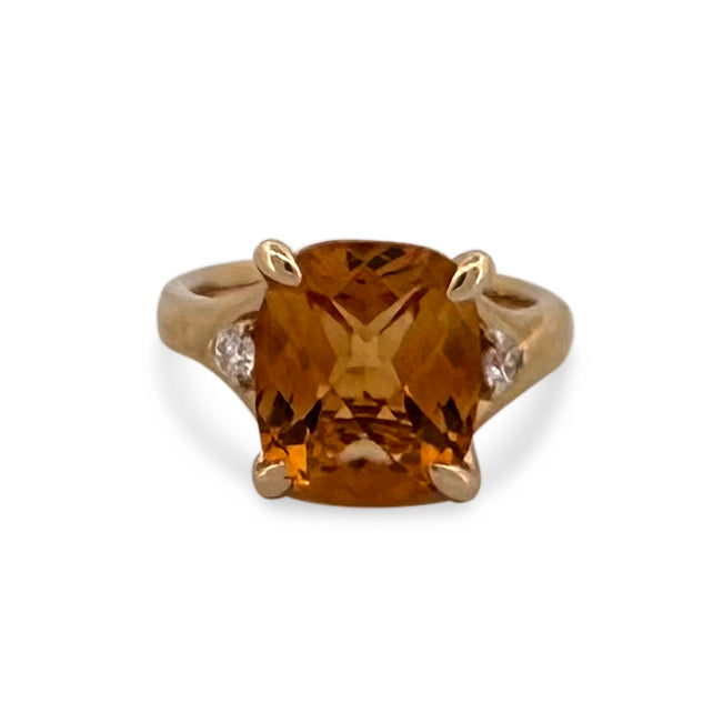 Cushion Cut Citrine and Round Brilliant Diamond Cocktail Ring in 14k Yellow Gold