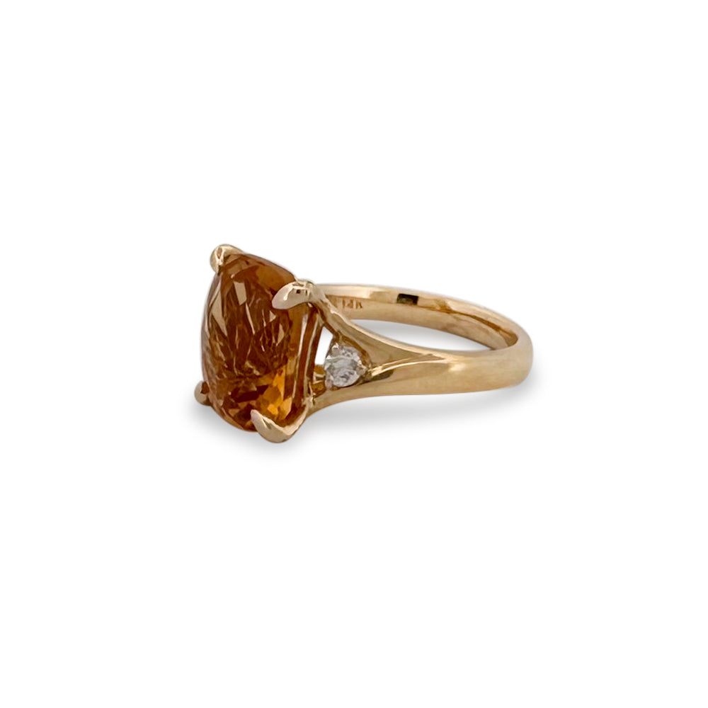 Cushion Cut Citrine and Round Brilliant Diamond Cocktail Ring in 14k Yellow Gold