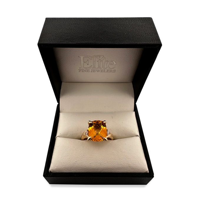 Cushion Cut Citrine and Round Brilliant Diamond Cocktail Ring in 14k Yellow Gold