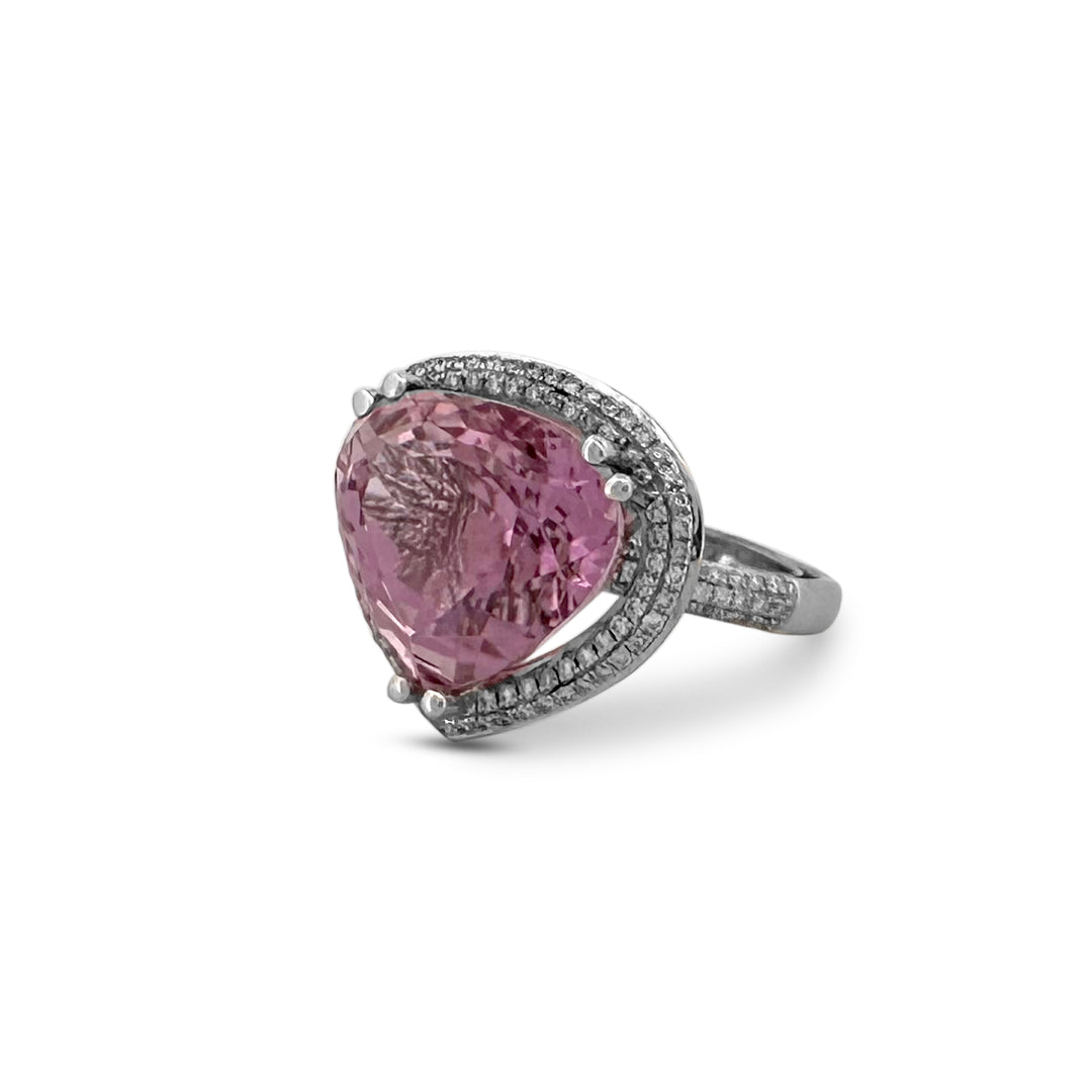 26.37cts Pear Shaped Kunzite and Diamond Cocktail Ring in 14k White Gold