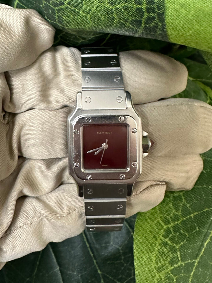 Cartier Santos Carree Stainless Steel Watch with Burgundy Dial