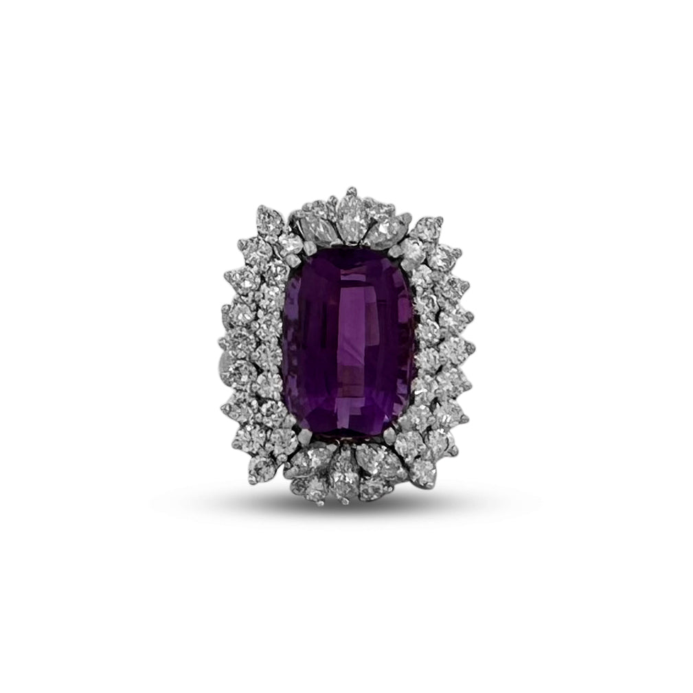 Cushion Cut Amethyst with Diamond Double Halo Cocktail Ring in 14k White Gold