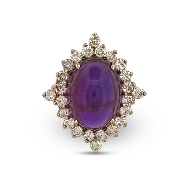 Oval Cabochon Amethyst & Round Brilliant Diamond Cocktail Ring in 14k Yellow Gold