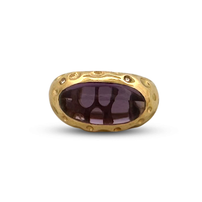 Oval Cabochon Amethyst & Round Brilliant Diamond Cocktail Ring in 18k Yellow Gold