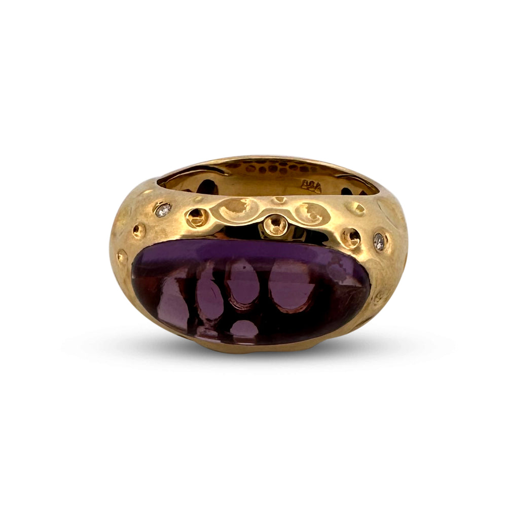 Oval Cabochon Amethyst & Round Brilliant Diamond Cocktail Ring in 18k Yellow Gold