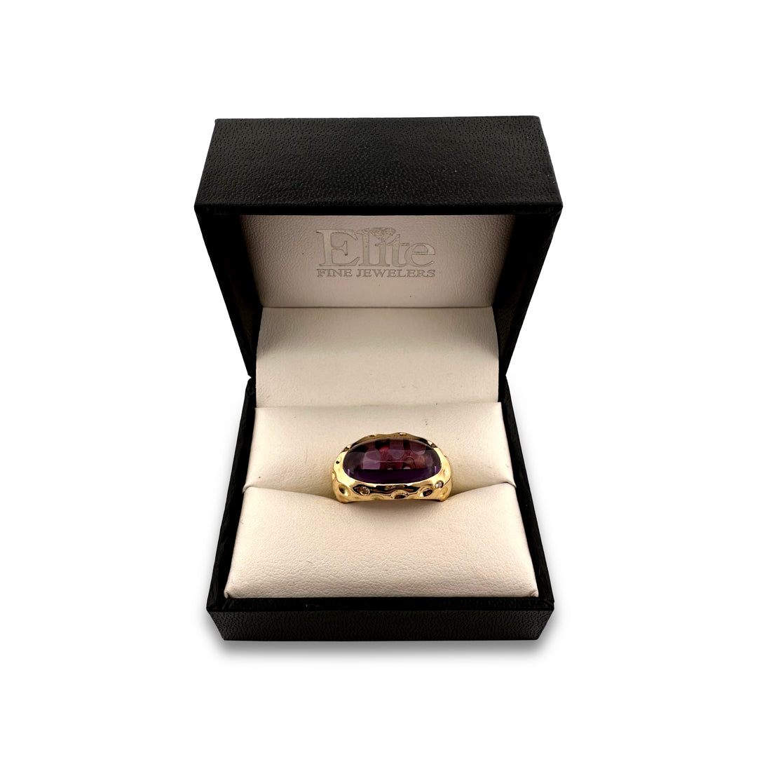 Oval Cabochon Amethyst & Round Brilliant Diamond Cocktail Ring in 18k Yellow Gold