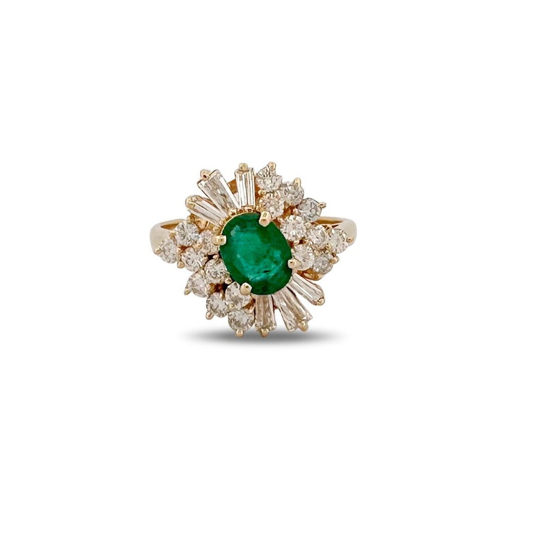 Oval Emerald and Natural Diamond Cocktail Ring in 14k Yellow Gold