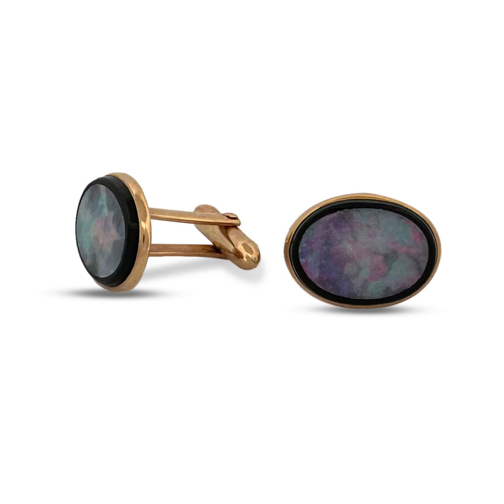 Opal Triplet and Onyx Cufflinks in 14k Yellow Gold