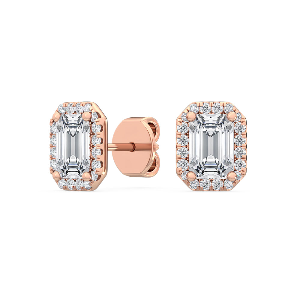 1.60ctw Emerald Cut with Halo Lab-Grown Diamond Stud Earrings in 14k Rose Gold