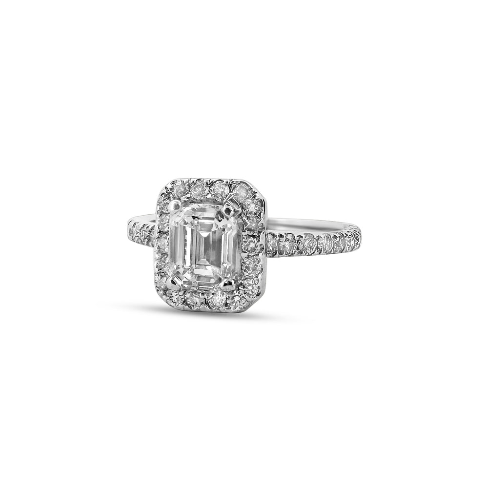 Internally Flawless Emerald Cut Diamond Halo Engagement Ring in 18k White Gold