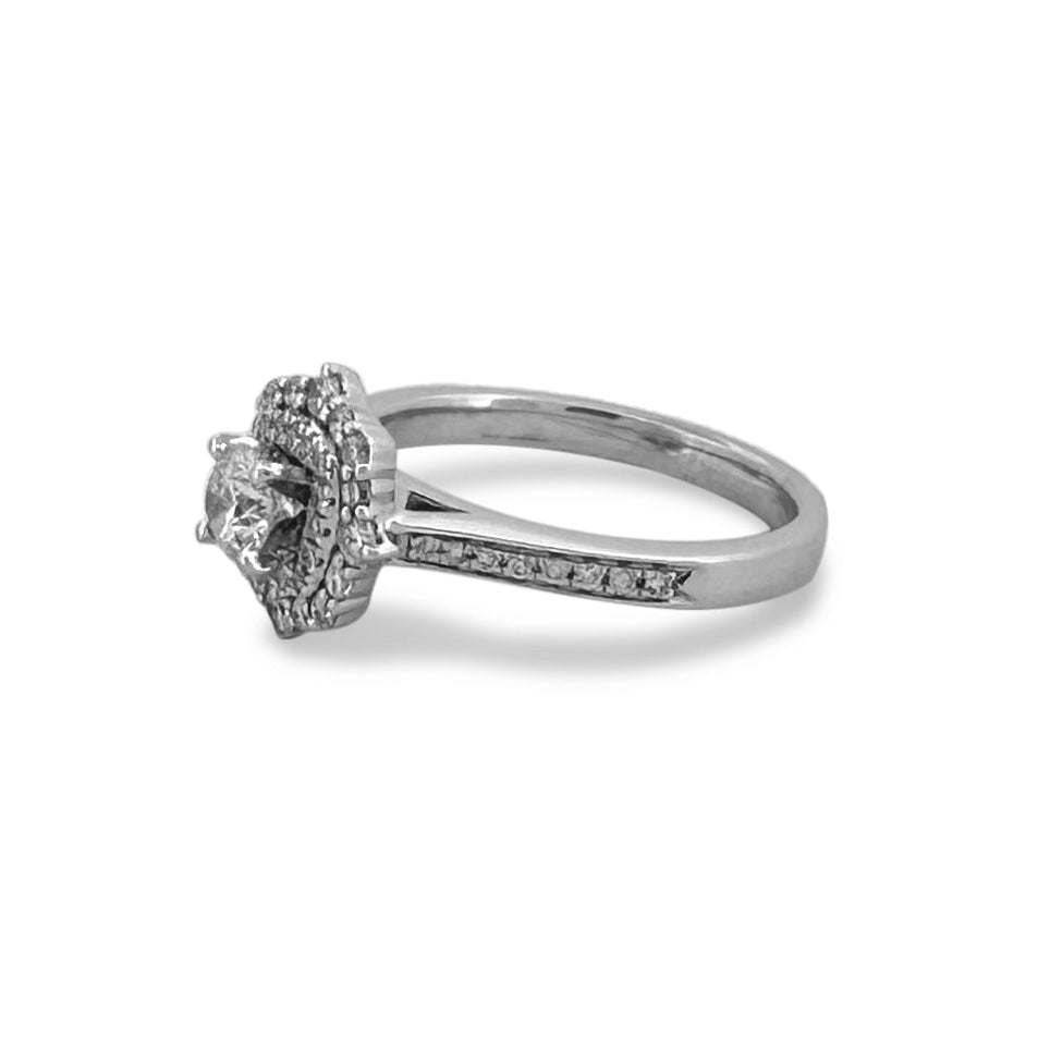 0.85ctw Round Brilliant Natural Diamond Double Halo Engagement Ring in 14k White Gold