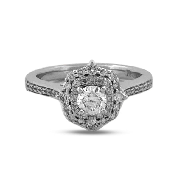 0.85ctw Round Brilliant Natural Diamond Double Halo Engagement Ring in 14k White Gold