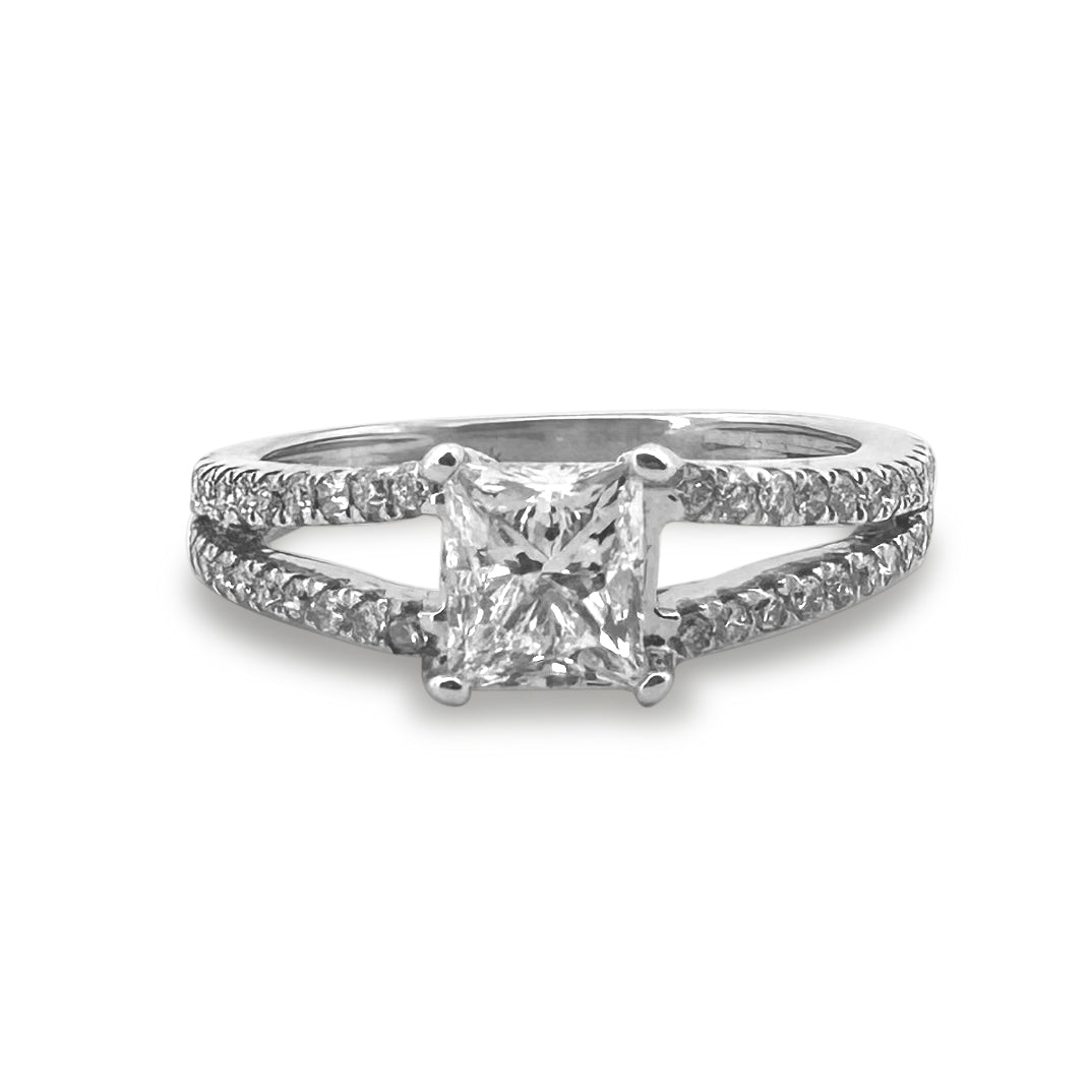 EGL Graded 1.51ctw Princess Cut & Round Brilliant Natural Diamond Split Shank Engagement Ring in 14k White Gold