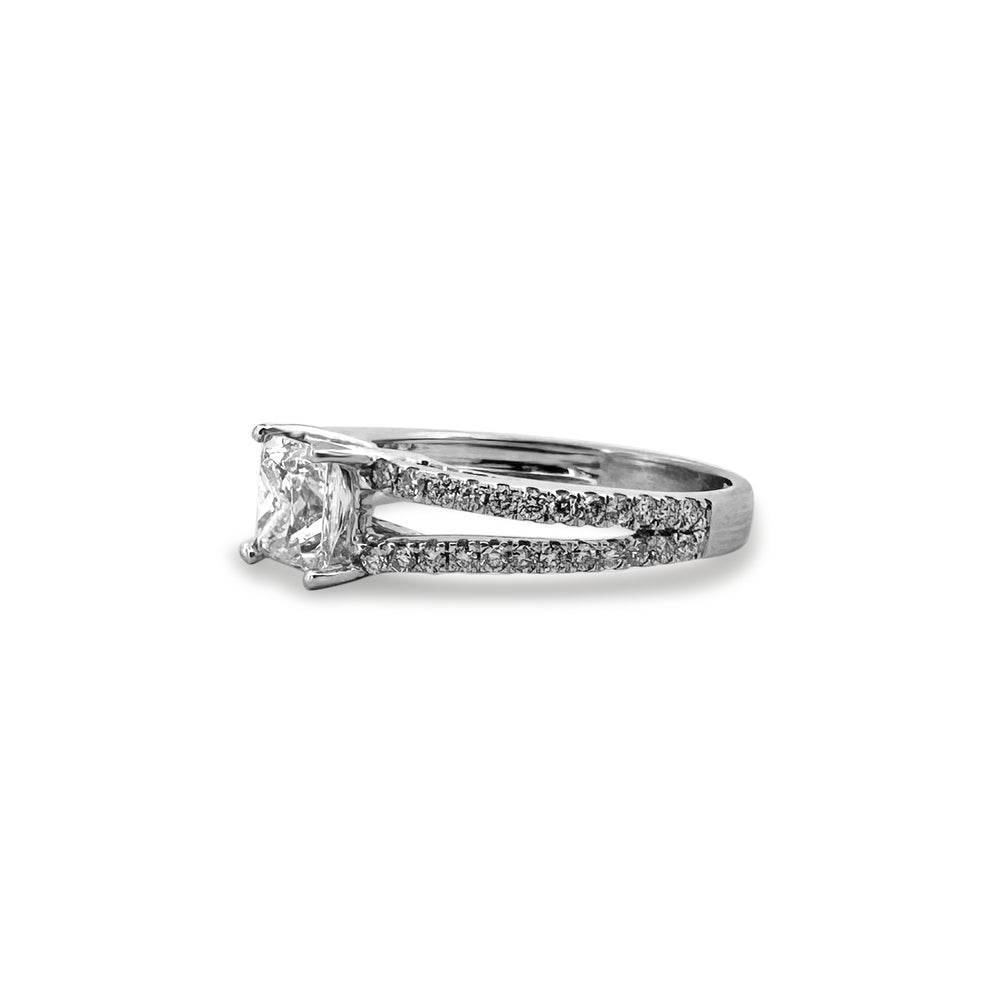 EGL Graded 1.51ctw Princess Cut & Round Brilliant Natural Diamond Split Shank Engagement Ring in 14k White Gold