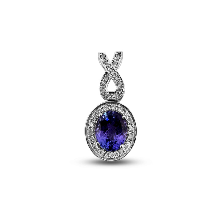 Oval Tanzanite and Round Brilliant Diamond Halo Pendant Necklace in 14k White Gold