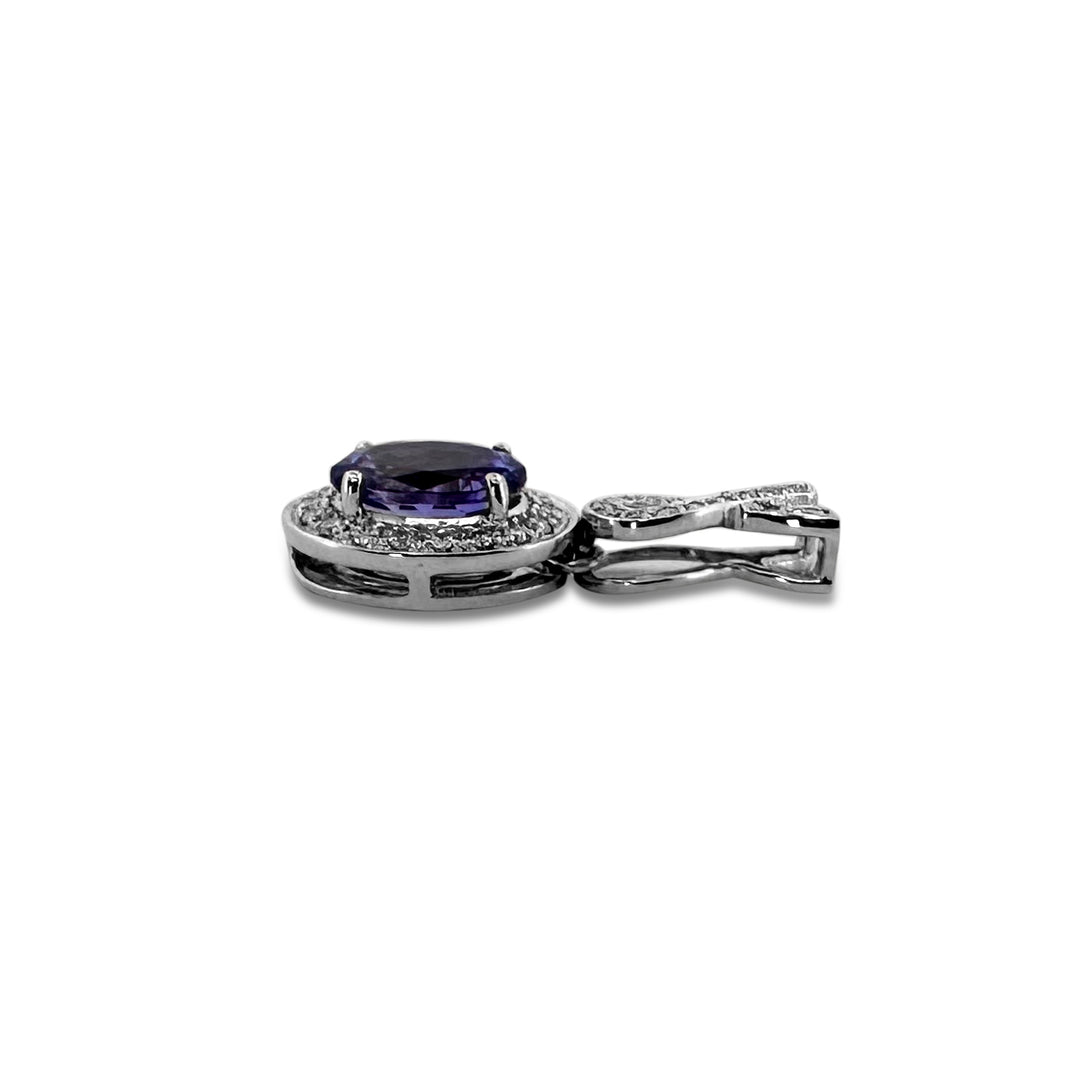 Oval Tanzanite and Round Brilliant Diamond Halo Pendant Necklace in 14k White Gold