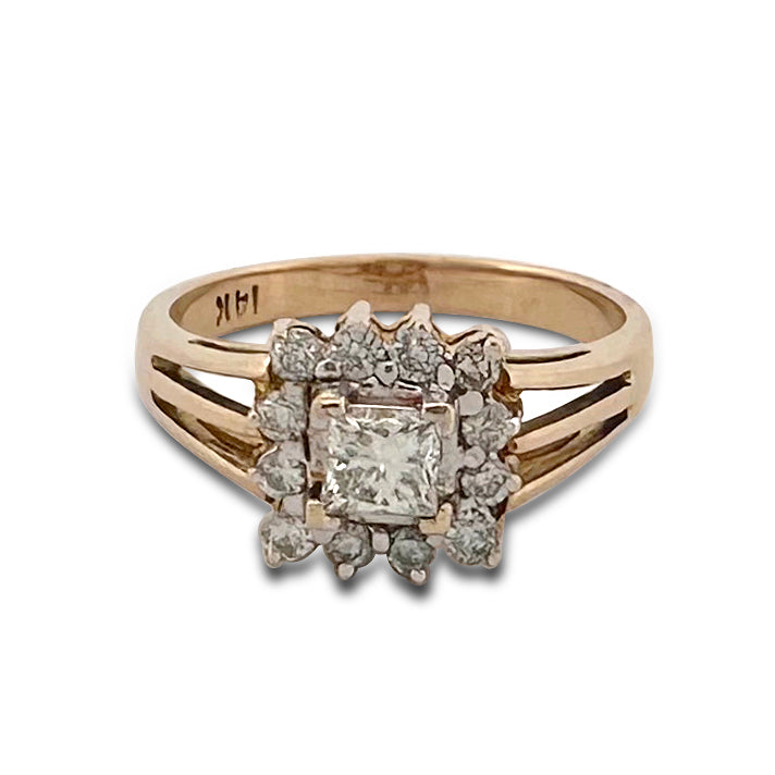 0.57ctw Princess Cut with Halo Natural Diamond Engagement Ring in 14k Yellow Gold