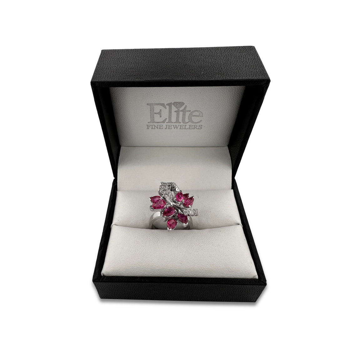 Pear Shaped Ruby and Round Brilliant Diamond Cocktail Ring in 14k White Gold