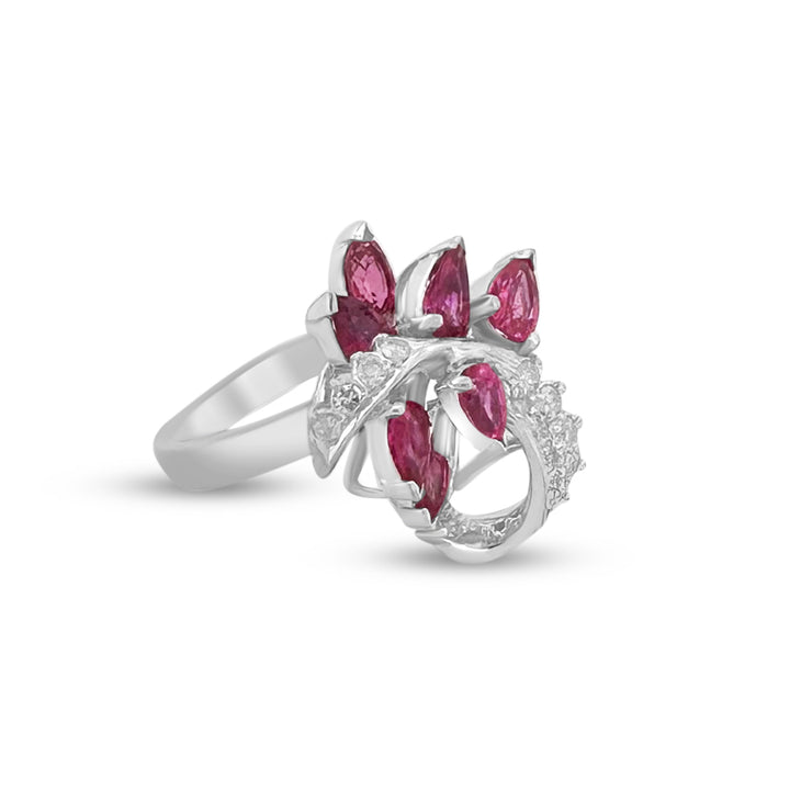 Pear Shaped Ruby and Round Brilliant Diamond Cocktail Ring in 14k White Gold