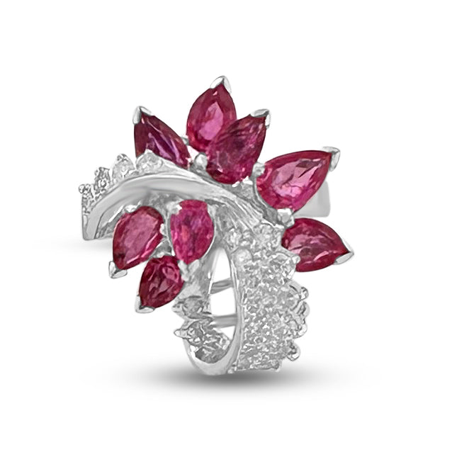 Pear Shaped Ruby and Round Brilliant Diamond Cocktail Ring in 14k White Gold