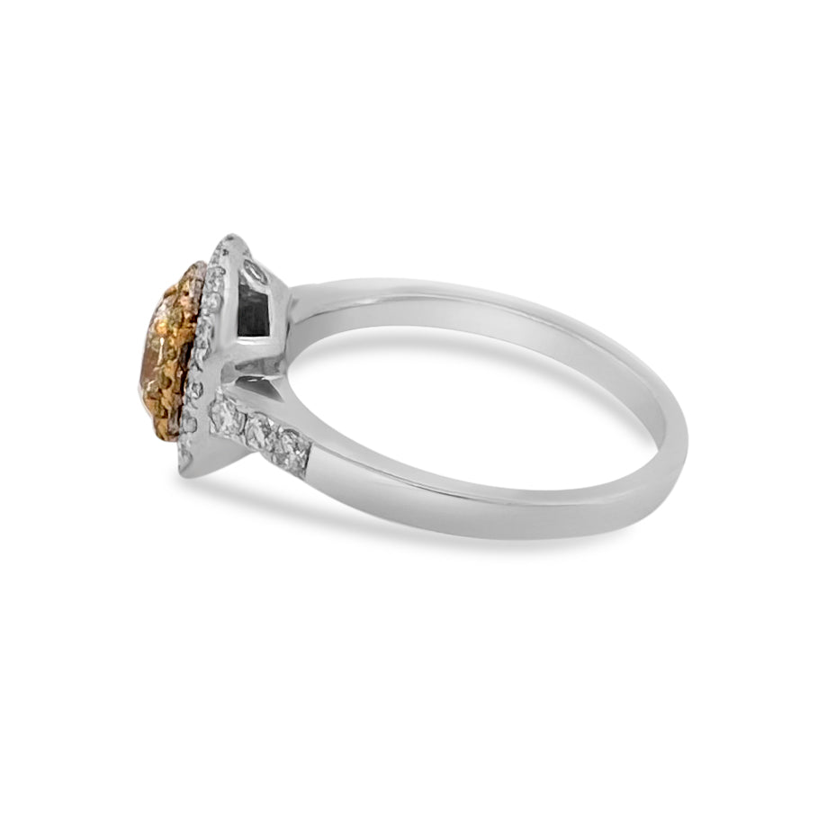 Fancy Yellow Cushion Cut Diamond Double Halo Engagement Ring in 18k Two-tone Gold