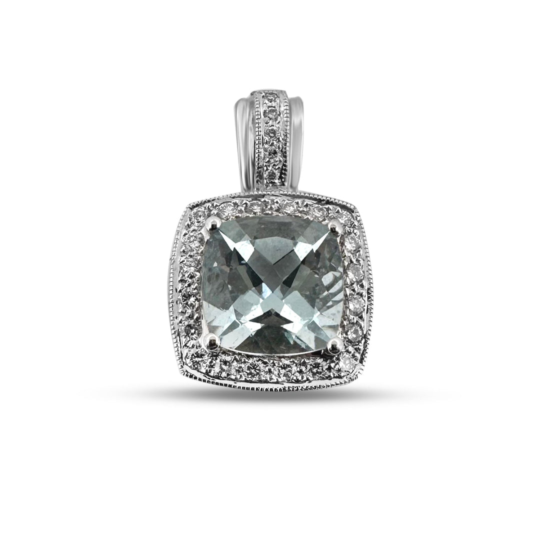 Cushion Cut Aquamarine and Round Brilliant Diamond Halo Pendant in 14k White Gold