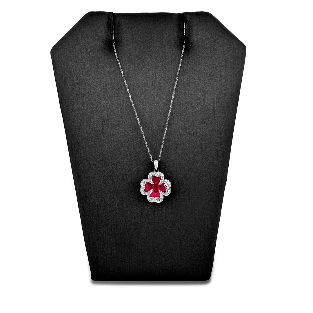 Ruby and Diamond Clover Leaf Pendant Necklace in 14k White Gold