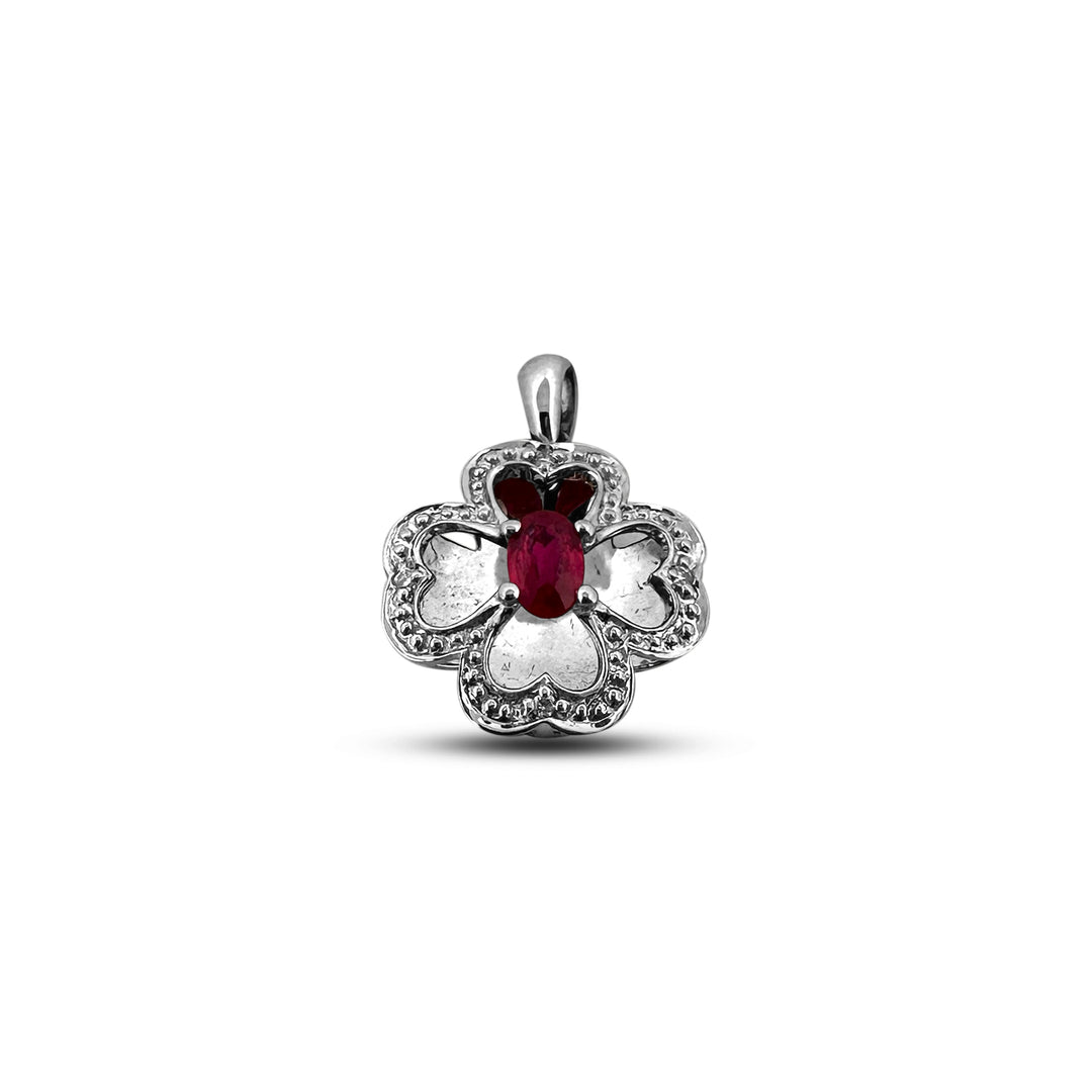 Ruby and Diamond Clover Leaf Pendant Necklace in 14k White Gold