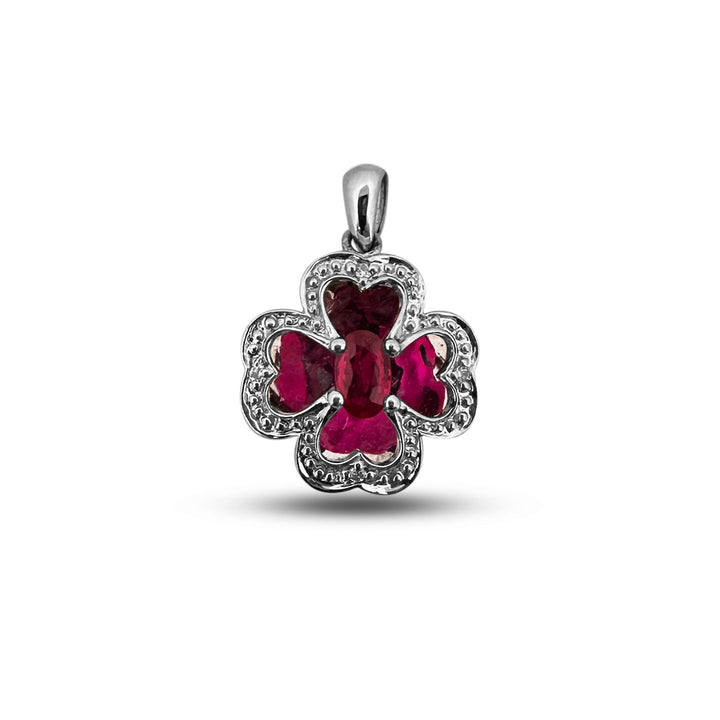 Ruby and Diamond Clover Leaf Pendant Necklace in 14k White Gold