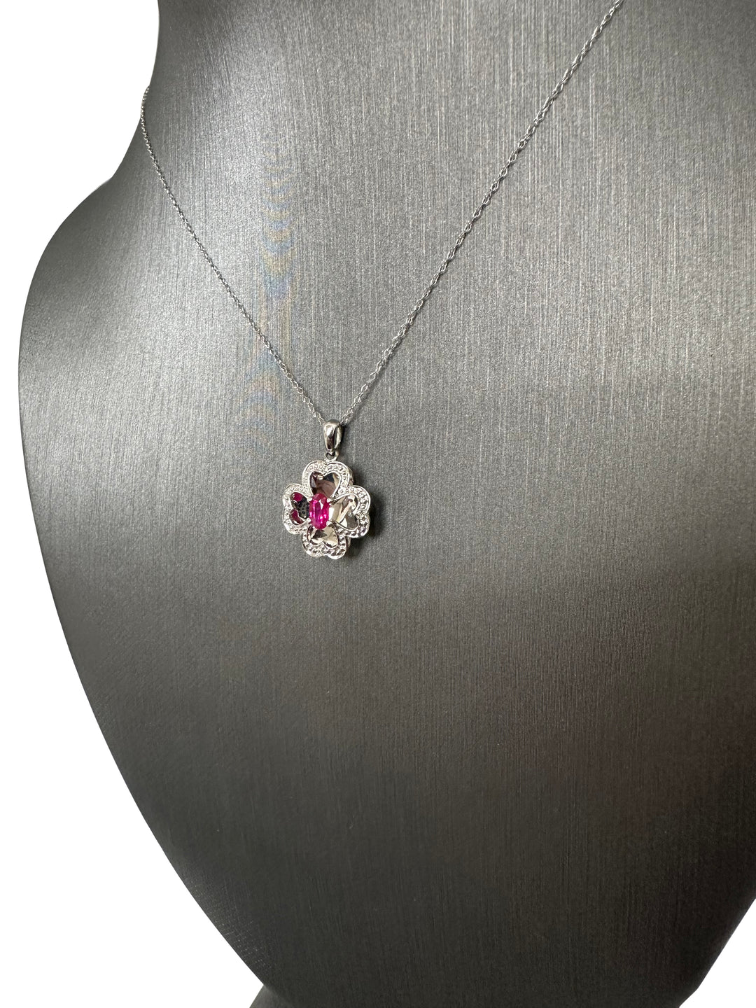 Ruby and Diamond Clover Leaf Pendant Necklace in 14k White Gold