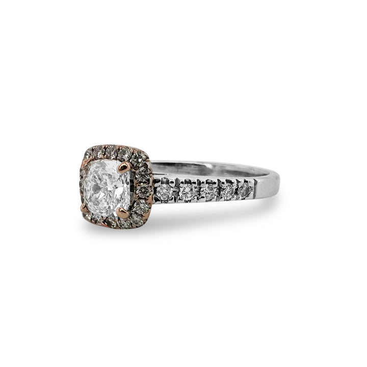 GIA Graded 1.40ctw Cushion Cut & Round Brilliant Halo Natural Diamond Engagement Ring in 14k Two-tone Gold