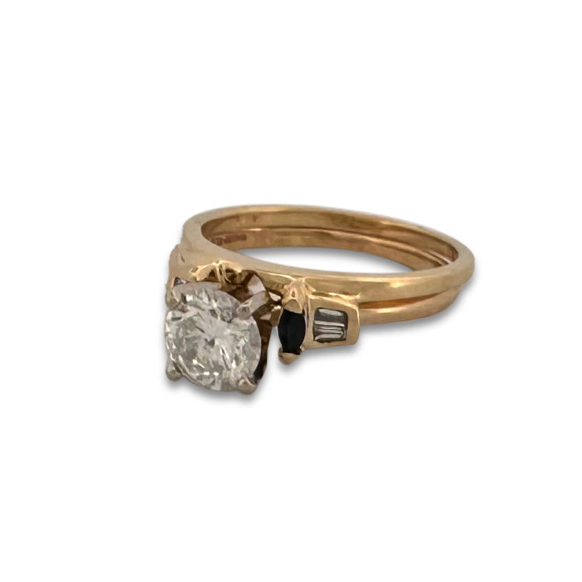 0.79ctw Round Brilliant & Tapered Baguette Natural Diamond with Sapphires Wedding Set in Two-tone 14k Gold