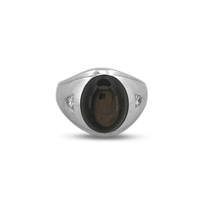 Black Star Sapphire Cabochon and Diamond Men's Ring in 14k White Gold