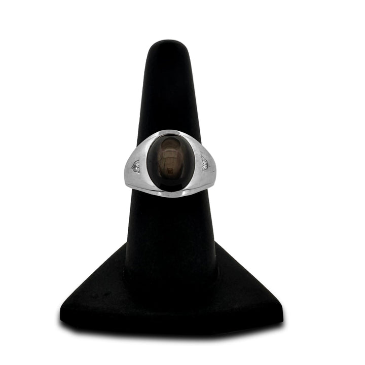 Black Star Sapphire Cabochon and Diamond Men's Ring in 14k White Gold