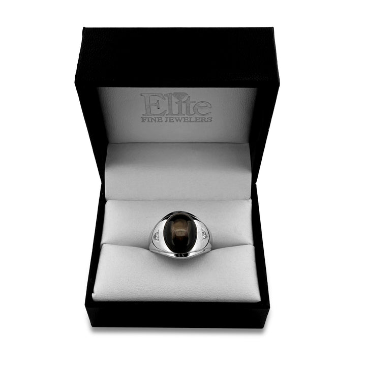 Black Star Sapphire Cabochon and Diamond Men's Ring in 14k White Gold