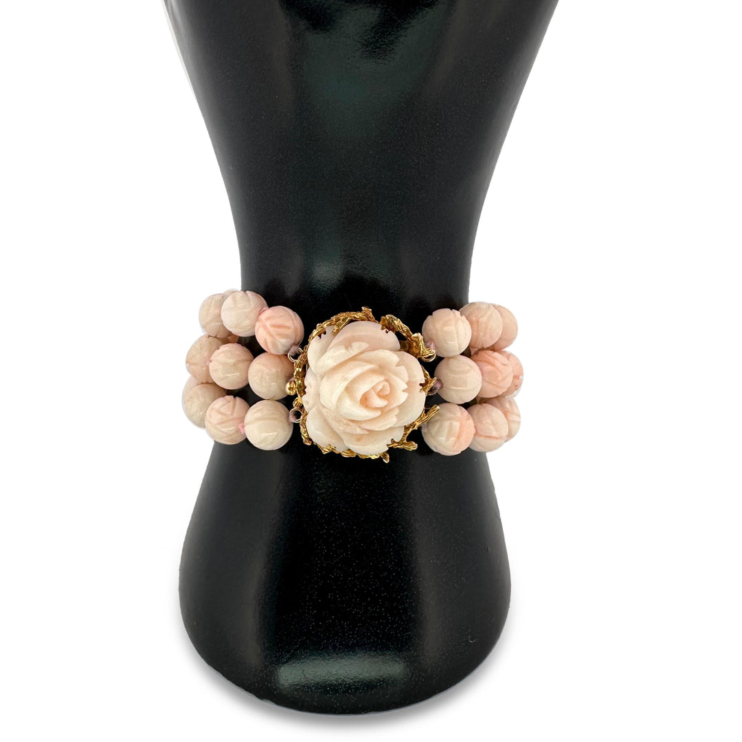 Vintage Carved Coral Rose and 3-Strand Bead Bracelet in 14k Yellow Gold