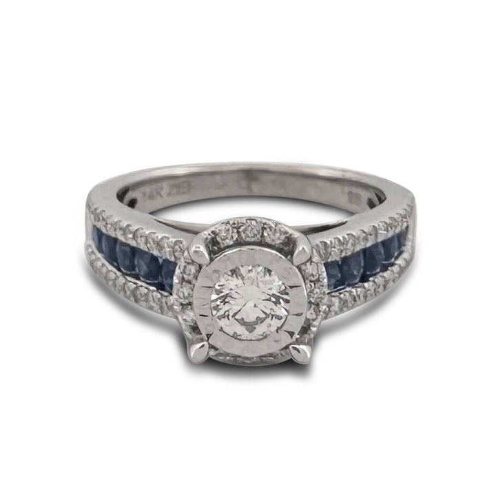 0.70ctw Round Brilliant Natural Diamond & Sapphires Engagement Ring in 14k White Gold