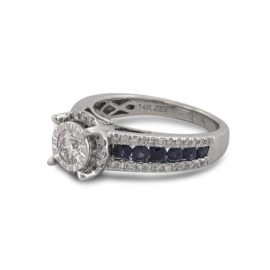 0.70ctw Round Brilliant Natural Diamond & Sapphires Engagement Ring in 14k White Gold